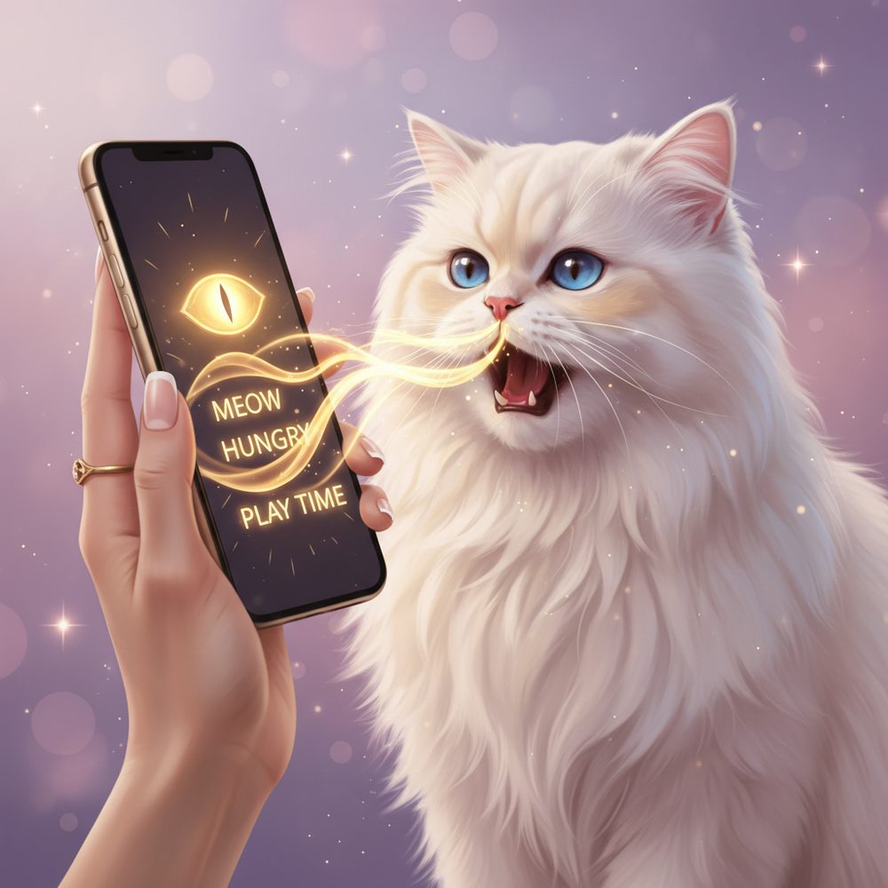 A fluffy white Persian cat meowing into the Meowsetta app