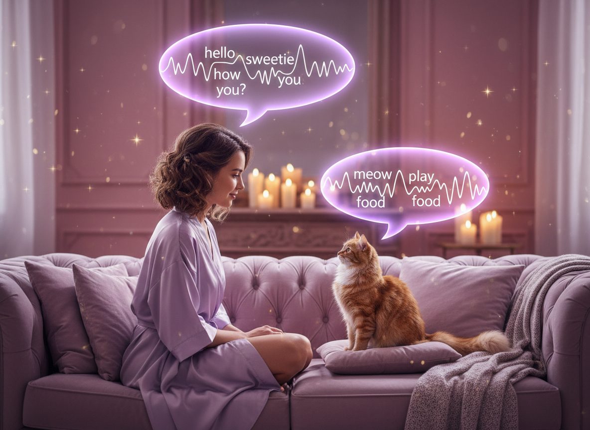 A woman and her ginger cat talking in speech bubbles